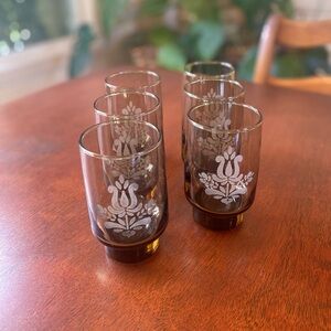Vintage Pfaltzgraff Set of 6 Smokey Brown Floral Village Etched Tumbler Glasses